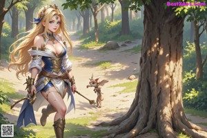 A woman in a blue dress holding a sword and a rabbit.