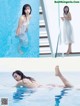 A woman in a white dress is floating in a pool.