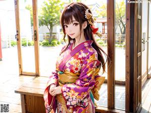 A woman in a kimono standing in front of a window.