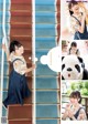 A collage of photos of a woman holding a stuffed panda bear.